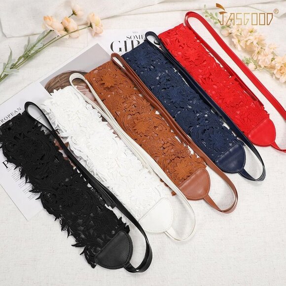 Women Lace Faux Leather Wide Waist Belt Corset Dress Obi Bowknot main image 7